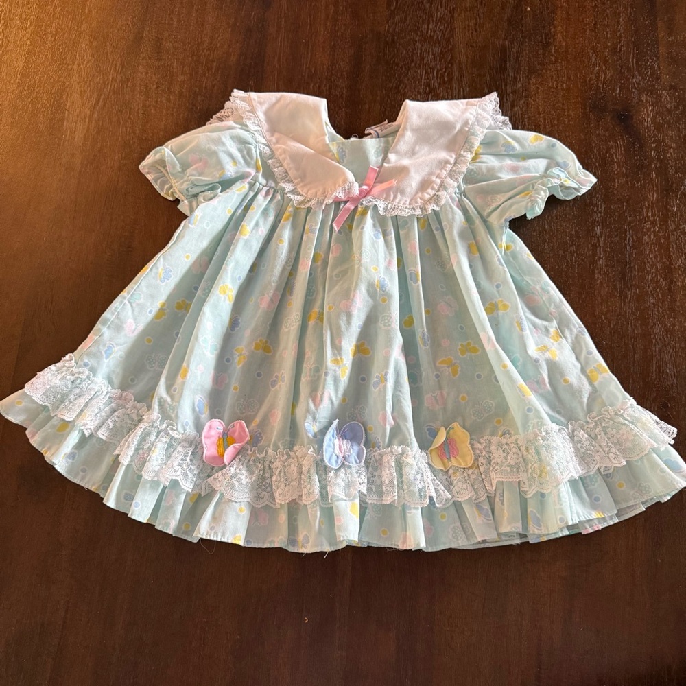 Vintage Mayfair Adorable Butterfly Pastel Baby Dress with Lace Trim
